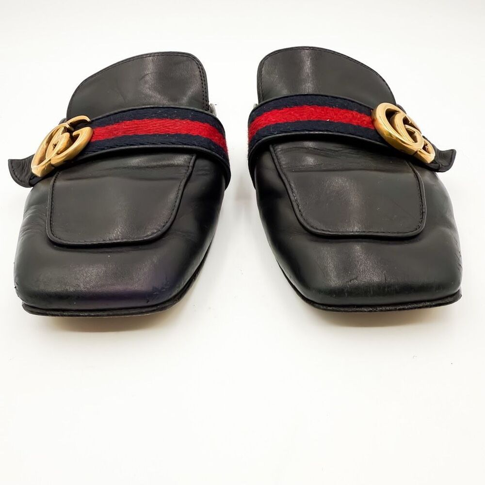 Gucci GG Web Stripe Peyton Mules Flat Slides Black Leather Loafers EU 39 US 9 - Picture 2 of 13